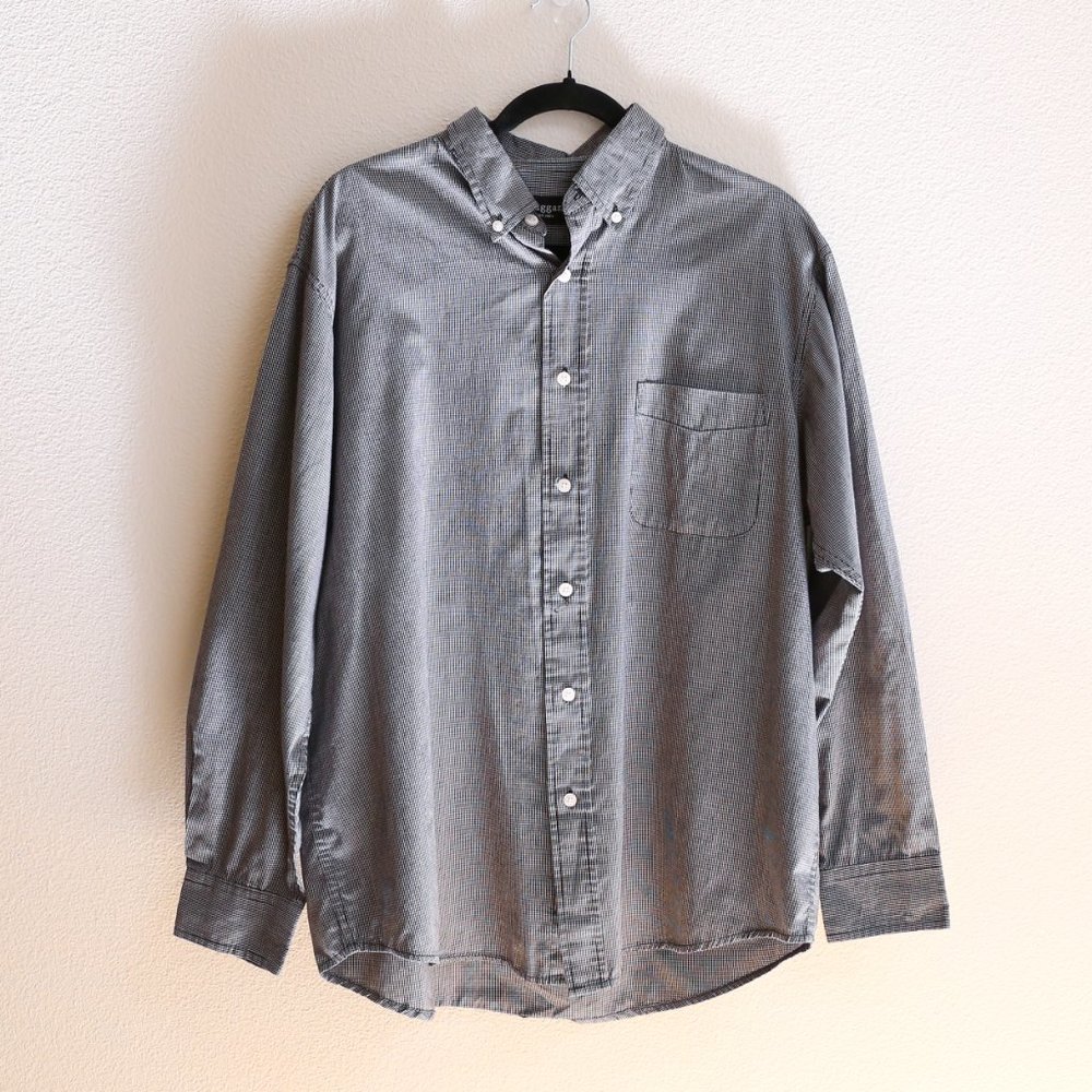 Men’s Haggar Navy Blue Plaid Button-Up Shirt, Long Sleeve, Size L (16-16.5), EUC